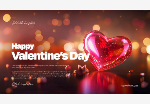 Celebrate Love: Happy Valentine's Day Template with Red Heart & Bokeh Lights on Dark Background Valentines Day Template