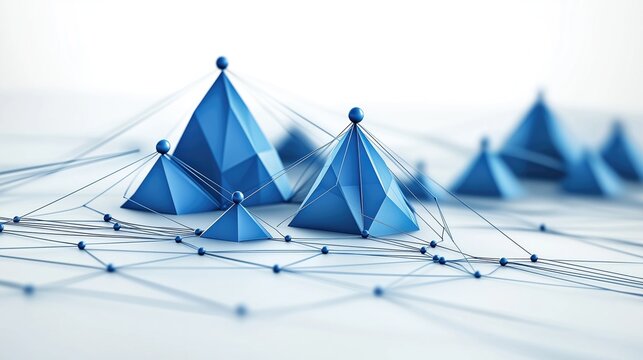 A collection of blue geometric pyramids connected by lines, creating an abstract representation of data and connectivity in a modern design.