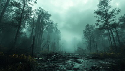 Obraz premium Misty forest path, decaying trees, ominous atmosphere.