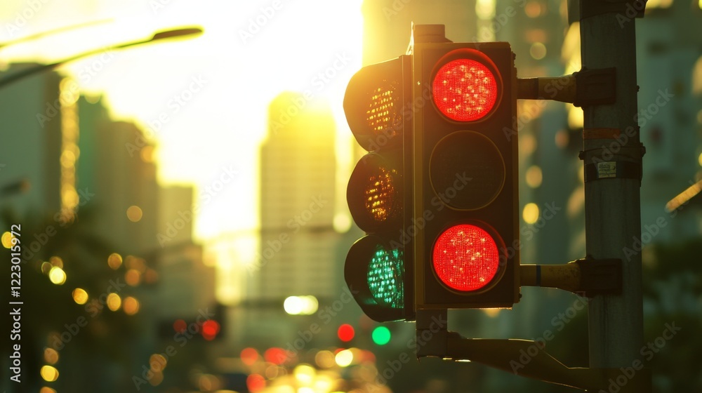 Aufkleber a close-up shot of a traffic light displaying a vibrant red signal against a blurred city backdrop, 