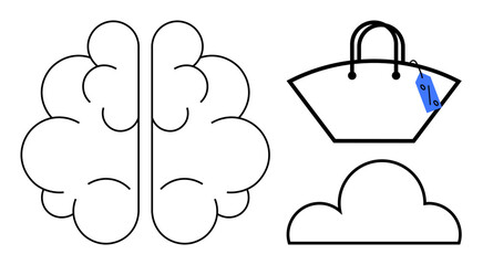 Brain, cloud, and shopping bag with a blue tag form a visual metaphor. Ideal for themes of creativity, technology, commerce, ideas, innovation cloud computing mental wellbeing. Simple abstract line