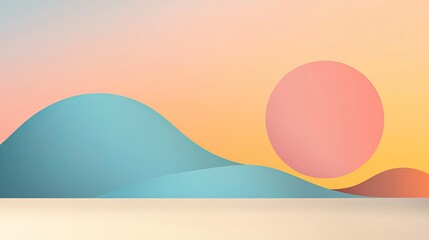 A serene landscape featuring soft, pastel hills and a large, warm sun against a gradient sky, creating a calming, minimalist aesthetic.
