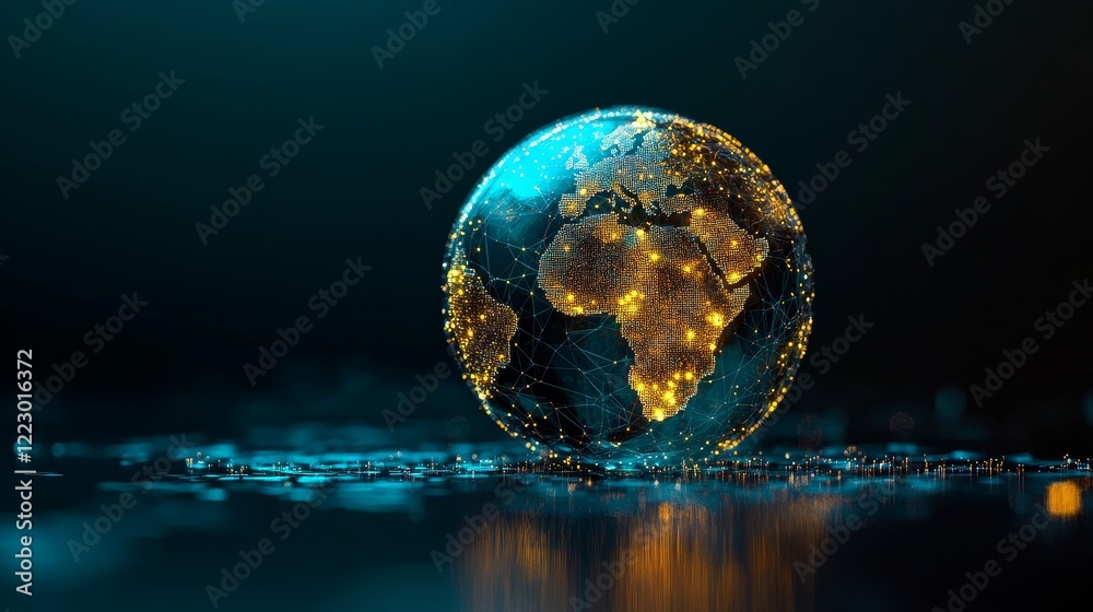 Poster Innovative HUD background utilizing blockchain technology, with a world globe and blockchain polygon peer-to-peer network. Conceptual image for a global cryptocurrency blockchain business banner