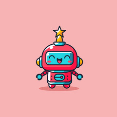 A cute and happy cartoon robot mascot with a star on its head, representing celebration, achievement, or success. This charming illustration of technology is in a simple, cheerful style