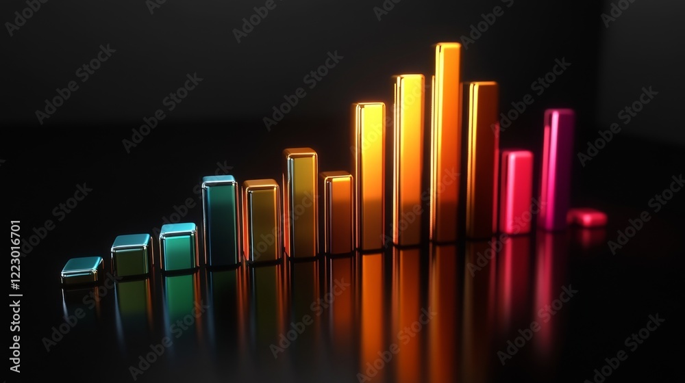 Poster a colorful d bar chart with tall, glossy bars on a black reflective surface, with warm spotlighting 