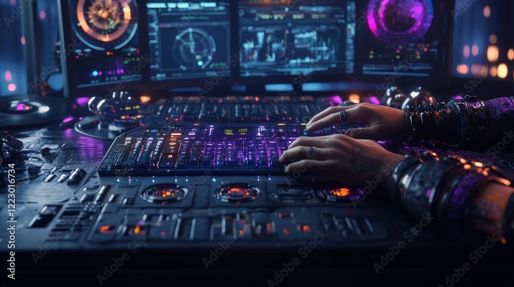 Poster Close-up of a professional office specialist interacting with a desktop computer in a modern technological monitoring control room adorned with digital screens. The manager is typing on the keyboard