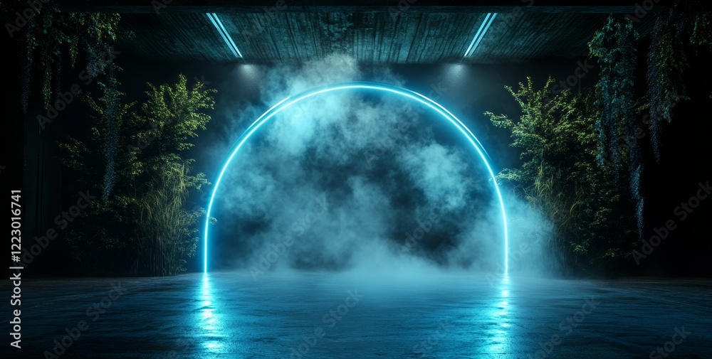 Poster an abstract tunnel, a corridor lit up by light rays and striking highlights. abstract blue backgroun