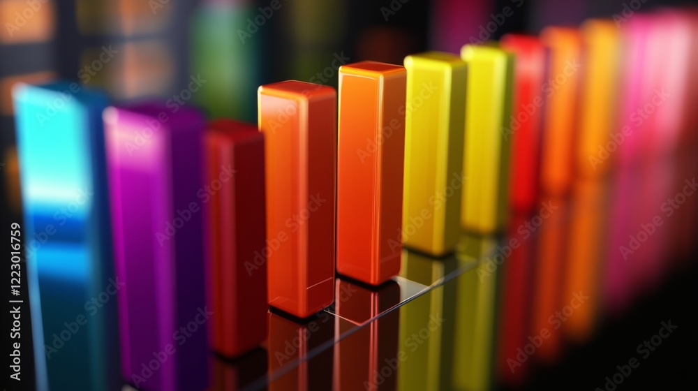 Poster A colorful D bar chart with tall, glossy bars on a black reflective surface, with warm spotlighting to highlight each bar's shape and height
