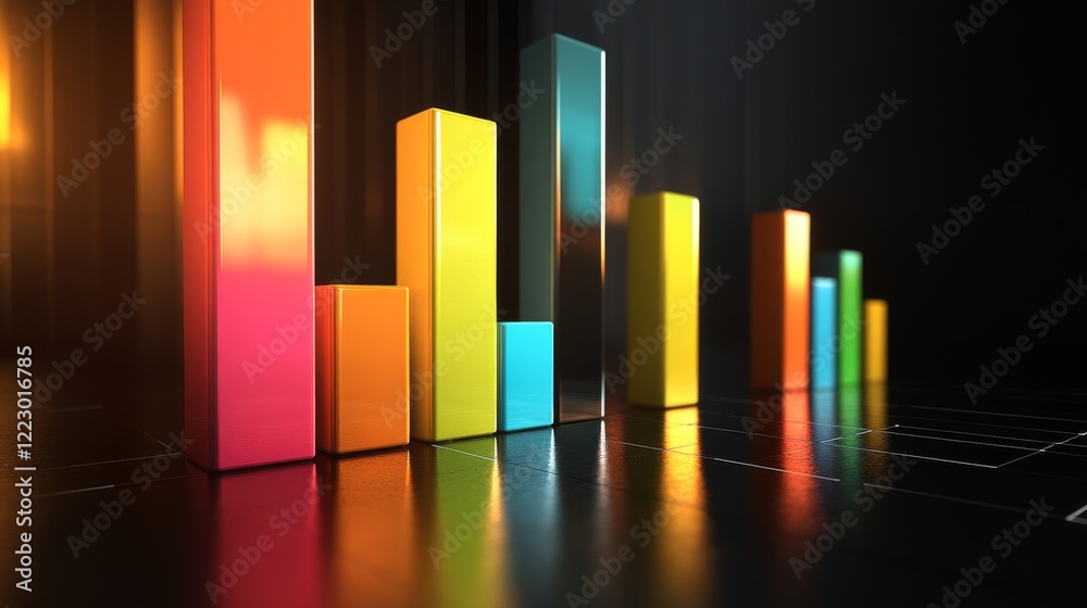 Poster a colorful d bar chart with tall, glossy bars on a black reflective surface, with warm spotlighting 