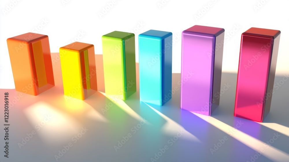 Poster a colorful d bar chart with tall, polished bars on a white background, with each bar casting soft sh