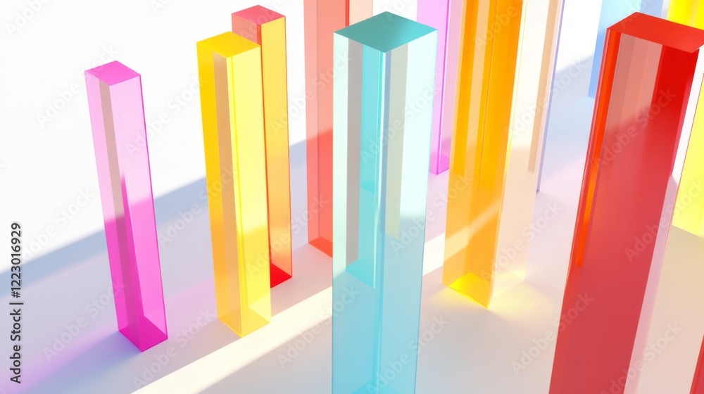 Poster a colorful d bar chart with tall, polished bars on a white background, with each bar casting soft sh
