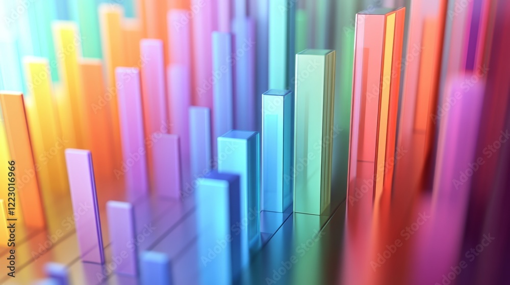 Poster a colorful d bar chart with tall, polished bars on a white background, with each bar casting soft sh