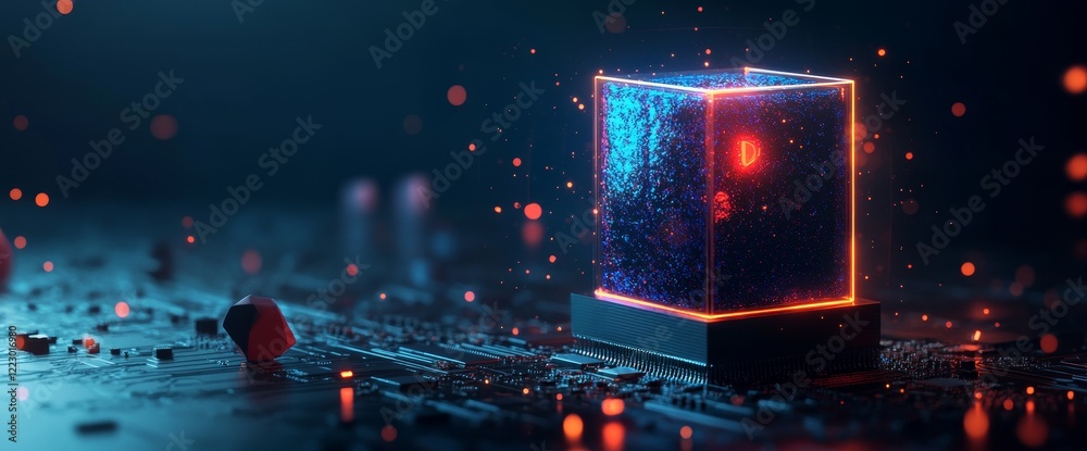 Poster Futuristic server circuit board/Circuit board from a futuristic server processing code. Orange, green, blue technology background with bokeh effects