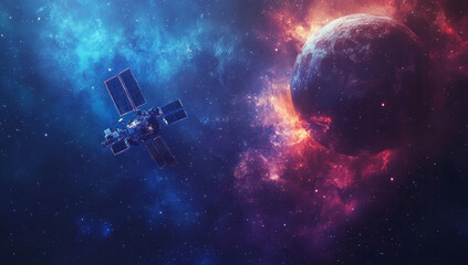 Satellite orbiting a celestial body amidst vibrant nebula.