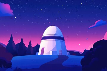 A small building with a white dome sits on a hill at night