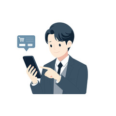 Flat design businessman standing and using smartphone 
