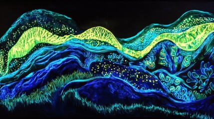 An abstract design of neon green and blue glowing waves set against a black background, blending subtle yellow accents