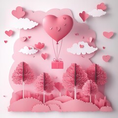 Romantic Valentine's Day illustration featuring heart-shaped balloon floating in sky above forest landscape with gift box descending. Pink color palette, heart-shaped clouds, red heart trees, paper ar