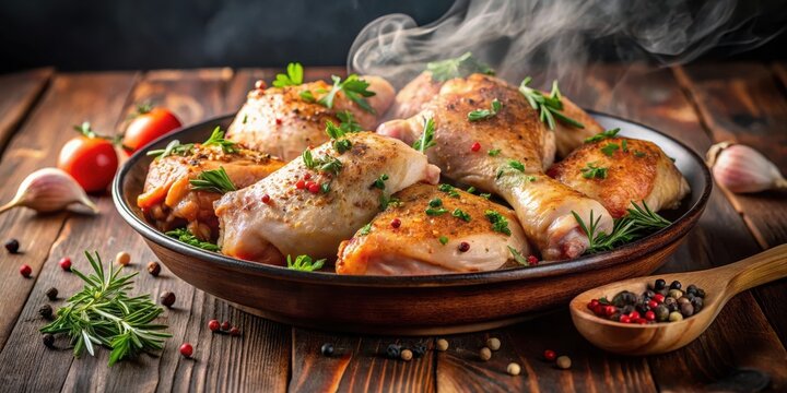 Steaming fresh chicken thighs in a flavorful spice blend, savory, aromatics,  savory