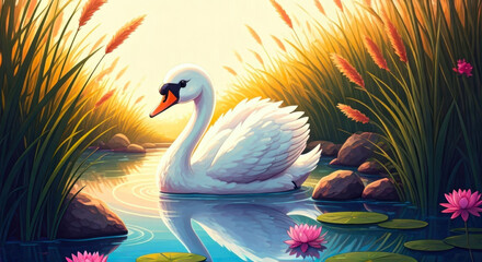 Obraz premium A cute white swan swims on a pond surrounded by tall grasses and flowers in golden hour