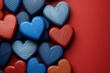 Wooden hearts in blue and red scattered across vivid crimson surface, expressing romantic Valentine's Day sentiment
