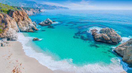 Hidden Beach Waterfall Cove: Coastal Paradise Aerial View