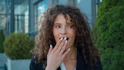 Shocked surprised amazed Caucasian woman businesswoman manager female student lady business...