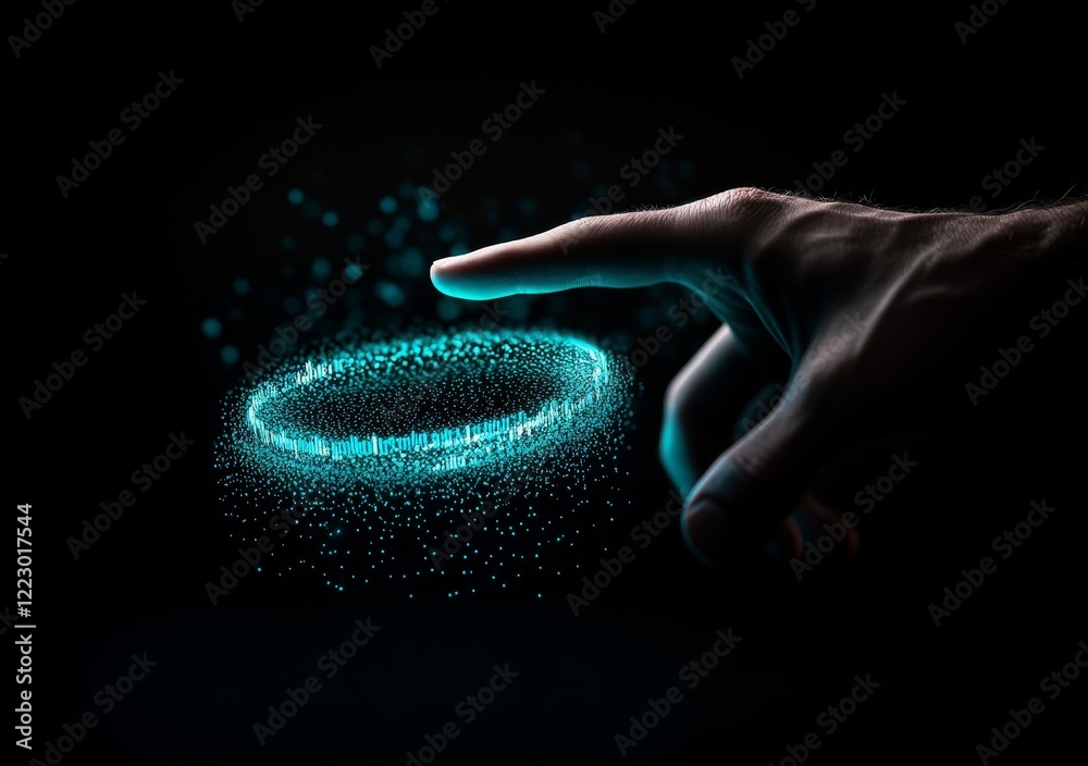 Poster A tech abstract background showing a hand touching a detailed circular diagram on a virtual screen, illustrating themes of copy-space, innovation, network, big data, and the internet