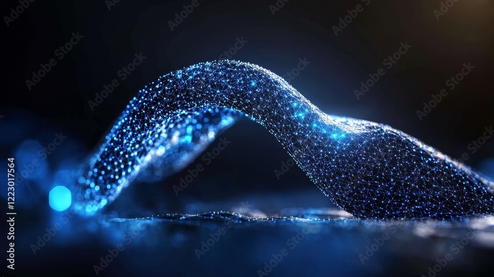 Poster On a blue background, abstract dots and lines form a communication and technology network concept, with lines and dots in motion