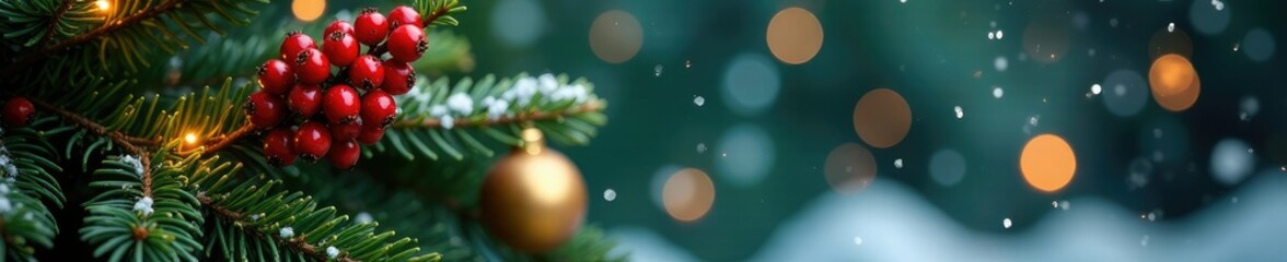 Fototapeta premium Evergreen tree with red berries and golden ornaments, holiday, snowflakes, winter