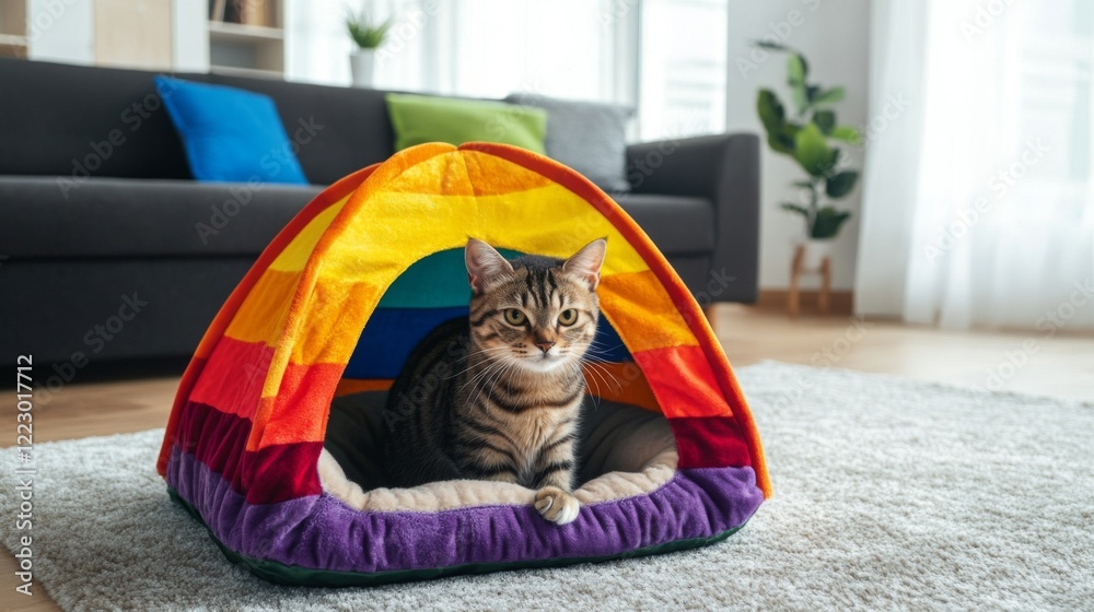 Poster a colorful cat house shaped like a tent, with soft fabric and a cushioned interior, set on a plush c