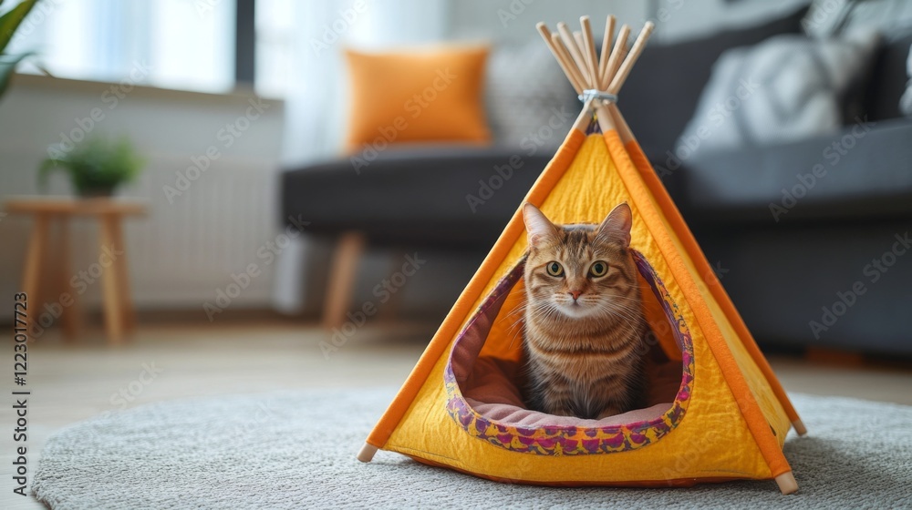 Poster a colorful cat house shaped like a tent, with soft fabric and a cushioned interior, set on a plush c