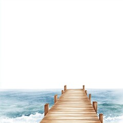 Fototapeta premium serene wooden pier extending over calm waters, inviting tranquility, watercolor clip art