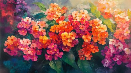 A bright and colorful lantana flower in bloom, with shades of red, orange, and pink, with sunlight highlighting the flower's textures and colors