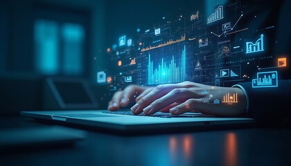 Hands typing on laptop with digital charts and data visualization overlaying the screen