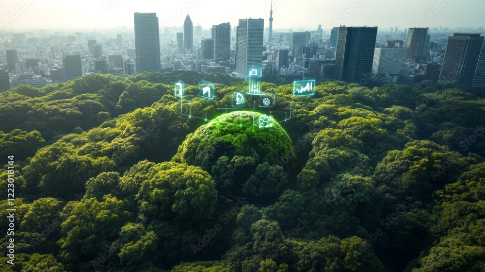 Poster a lush forest in the foreground with digital eco-icons hovering above, merging seamlessly into a dis