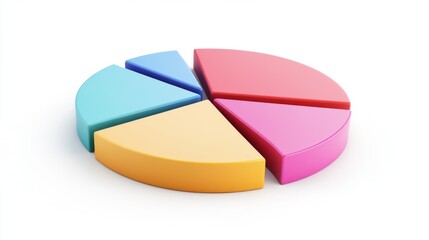 Fototapeta premium A colorful pie chart with distinct segments in gradient colors, arranged on a white background with soft shadows for a clean financial analysis look