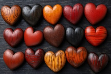 Obraz premium Wooden hearts displaying intricate carving, varying in color and texture, representing romantic connection and tender emotions
