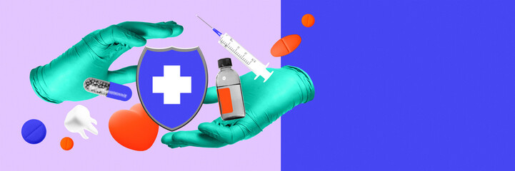 Doctors hands in gloves hold shield with medical cross, surrounded by capsules, syringe, and heart,...