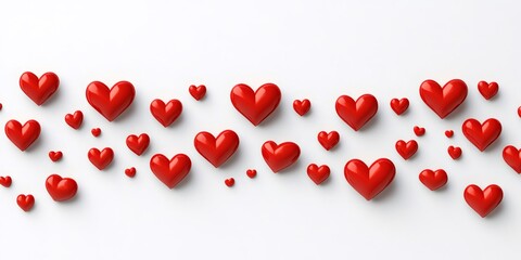 Vivid red hearts floating randomly on pristine white surface, expressing romantic sentiment and celebrating love's visual language