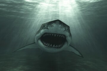Fototapeta premium Shark swimming underwater with open mouth showcasing sharp teeth