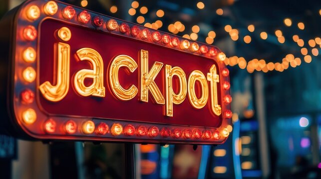 Bright jackpot sign illuminates a lively casino at night, attracting eager players and onlookers