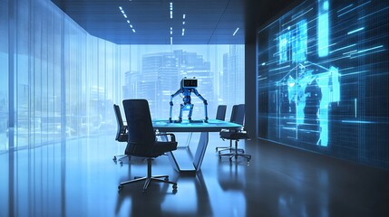 Blue Pixelated Robot In Modern Office Meeting Room With City View