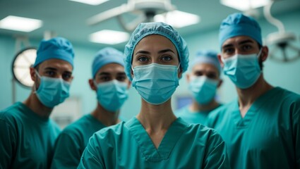 A team of healthcare professionals in scrubs and surgical caps, smiling warmly in a bright, sterile operating room, reflecting teamwork, expertise, and dedication.
