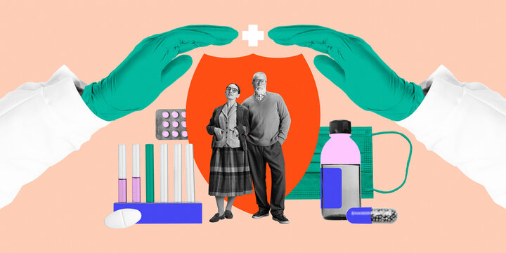 Doctors hands in gloves make shield above senior couple and medical tools, symbolizing health insurance and care for the elderly people. Conceptual art collage. Concept of medical insurance - Powered by Adobe
