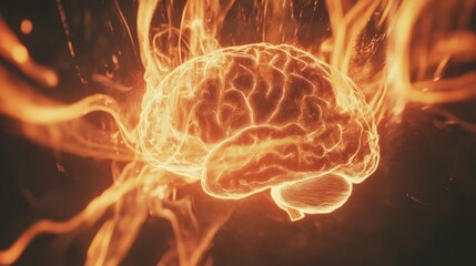 Obraz premium A creative composition of a brain surrounded by light trails, symbolizing electrical impulses and thought processes, set against a dark backdrop