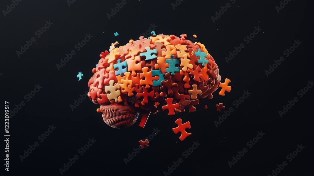 Poster a creative image of a brain composed of puzzle pieces, symbolizing the complexity of thoughts and em
