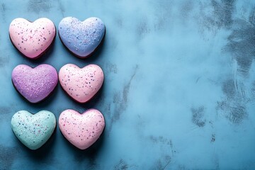 Obraz premium Pastel heart shaped macarons nestled on blue textured backdrop, representing sweet romance and festive Valentine's spirit