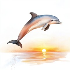 dolphin leaps gracefully over ocean at sunset, showcasing its beauty, watercolor clip art