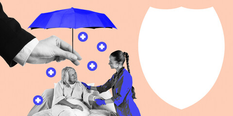 Businessman hand holds umbrella over nurse and elderly patient, symbolizing health insurance and seniors care. Conceptual art collage. Concept of medical insurance, health care, business